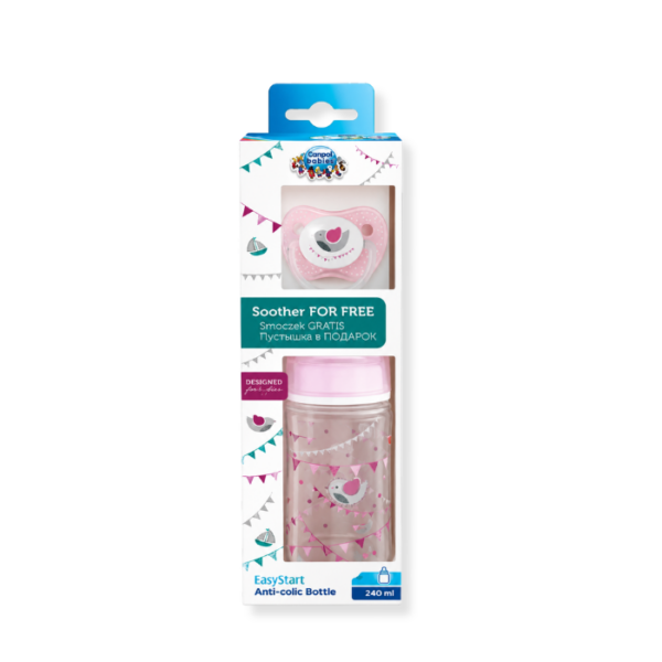 CANPOL SET BIB PP COL LARGE 240ML + SUCETTE ORTHO 6-18M ROSE