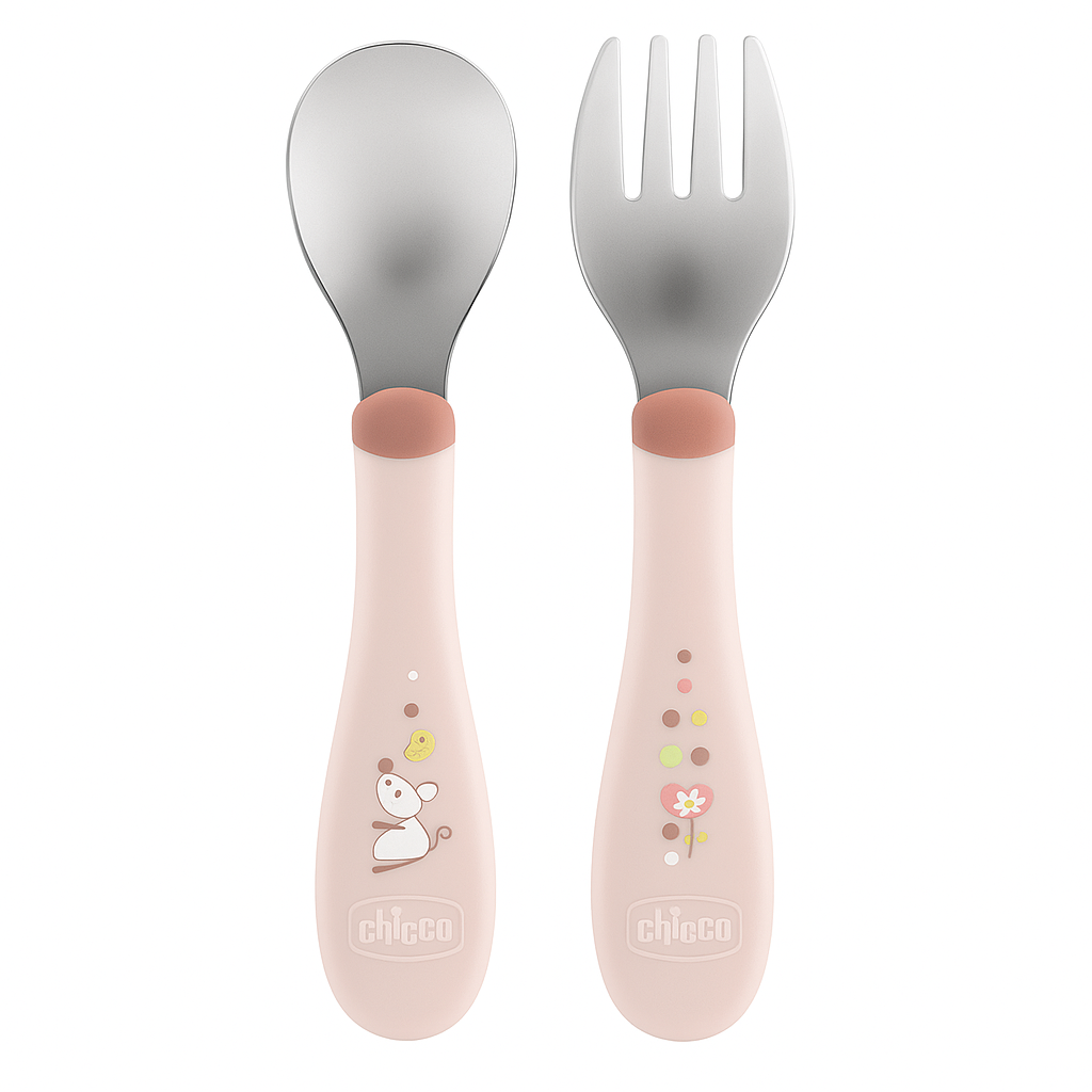 chicco-couverts-en-metal-rose-18m- CHICCO COUVERTS EN METAL ROSE 18M+ – Image 1